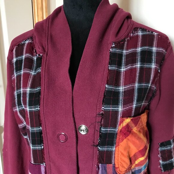 Upcycled Patchwork Hoodie, Size M: Magenta Boho Snap Front Jacket, Campus Grunge - Picture 12 of 17